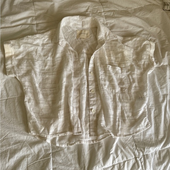 Aero White Linen-Blend Cropped Button-Up Shirt Boxy Fit Lightweight Essential - Picture 1 of 11